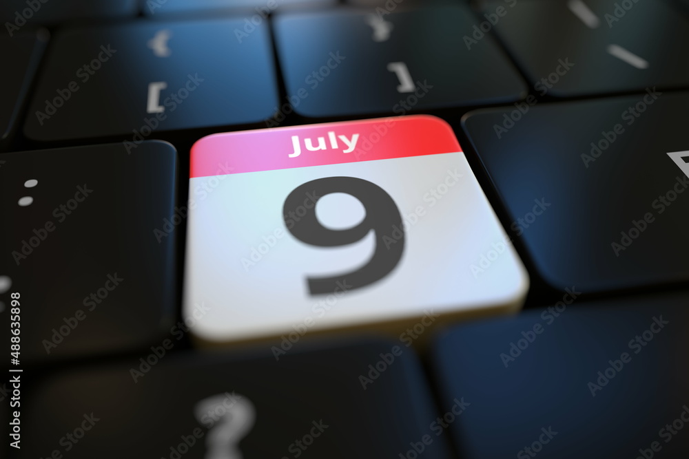 Aufkleber july 9 date on a keyboard key, conceptual 3d rendering