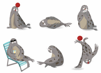 Vector illustration of fur seal set. Different emotions of animal, cartoon character. For zoo and circus banner