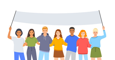 Obraz premium Young people activists, angry boys and girls stand together holding a political banner. Peaceful students demonstration. Public protests for justice. March for civil rights. Flat cartoon illustration