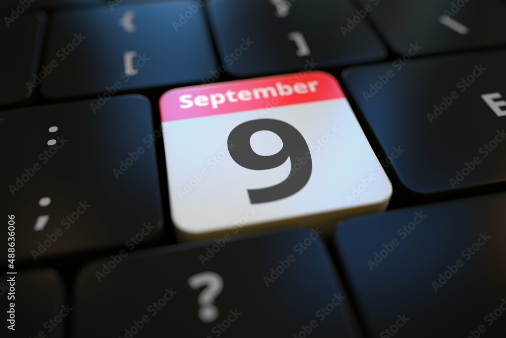 Poster september 9 date on a keyboard key, 3d rendering