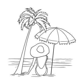 Lady relaxing on the beach with umbrella and coconut tree black and white vector illustration on white background