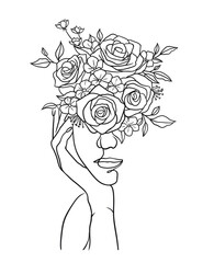 Beautiful woman face with flowers black and white illustration on white background 