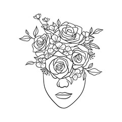 Beautiful woman face with flowers black and white illustration on white background 