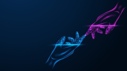 The touch of hands in a virtual space. Transition to digital cyberspace.