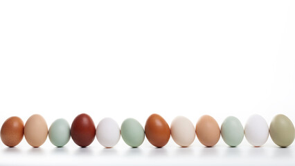 Osterdekoration mit bunten, natürlich farbigen Eiern in einer Reihe als Hintergrund mit Copy-Space