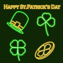 St. Patrick's Day neon icons. Clover leaves, hat and gold coin. Design for posters and greeting cards. Vector illustration.