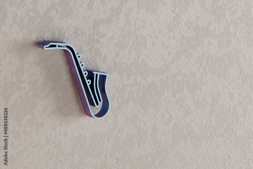 Poster inclined saxofon icon. beautiful blue inclined saxofon symbol icons on wall bright background. 3d re