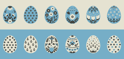 A set of Easter eggs in a floral style in gray-blue color