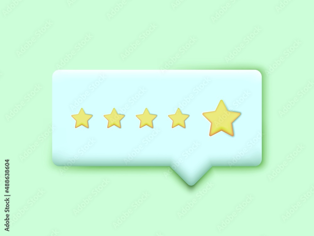 Poster 3d button for website ui design with review rating phone reviews stars on soft green background
