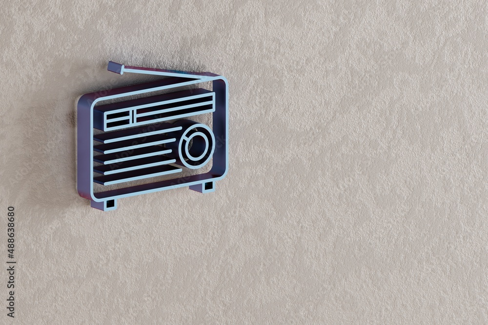 Poster Old Radio with Short Antenna icon. Beautiful Blue Old Radio with Short Antenna symbol icons on wall bright background. 3d rendering illustration. Background pattern for design..