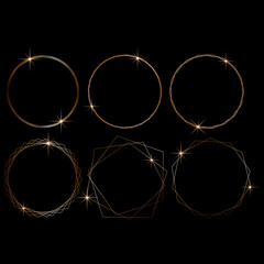Set of golden circular, polygonal frames. Collection of luxury frames with sparkles. Golden rings with lights, glitter. Vector shiny, sparkling circles, frames. Round frames with sparkles. 