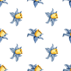 Delicate watercolour seamless pattern with blue daffodils. Minimal cute background with narcissus for nursery bedroom.