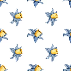 Fotobehang Vlinders Delicate watercolour seamless pattern with blue daffodils. Minimal cute background with narcissus for nursery bedroom.