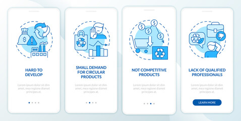 Fototapeta na wymiar Circular economy disadvantages blue onboarding mobile app screen. Walkthrough 4 steps graphic instructions pages with linear concepts. UI, UX, GUI template. Myriad Pro-Bold, Regular fonts used