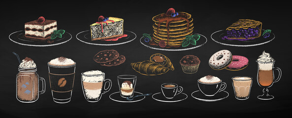 Chalked illustration set of coffee cups and desserts