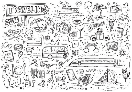 Hand drawn set of traveling doodles, vector icons on white paper