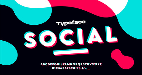 Glitch social media font typography vector set. Isolated glitched letters font. Cyber typeface fonts lettering, uppercase and numbers. Futuristic or 80s design style presentation. Vector illustration.