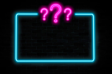 Question mark symbol neon banner with empty frame and copy space.