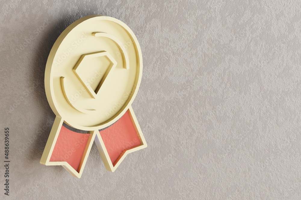 Poster beautiful golden winner badge symbol on wall bright background. 3d rendering illustration. backgroun