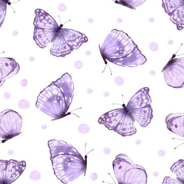 Violet butterflies watecolor seamless pattern on white background