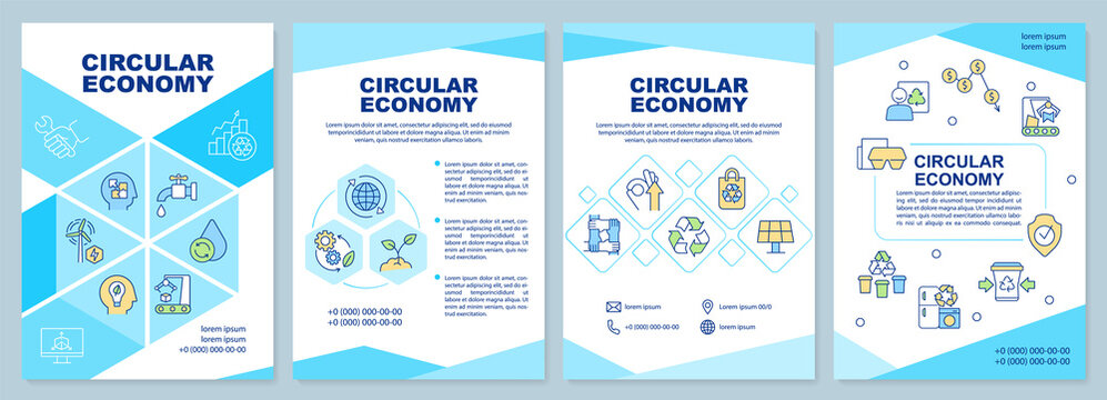 Circular economy turquoise brochure template. Natural resources usage. Leaflet design with linear icons. 4 vector layouts for presentation, annual reports. Arial-Black, Myriad Pro-Regular fonts used
