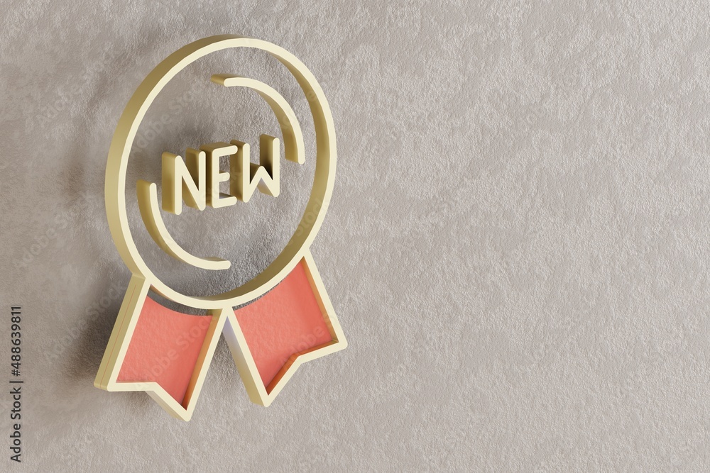 Poster Beautiful golden NEW Badge symbol on wall bright background. 3d rendering illustration. Background pattern for design.