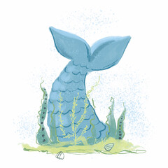 Cartoon illustration of a mermaid tail at the bottom of the ocean. Golden sand, shells, algae. Sea mystical creature. Fish tail. Raster