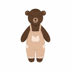 Teddy bear is a children's toy. Interior soft pear. Brown bear in overalls. Boho style. Hand-drawn. Raster illustration. Isolated on a white background.