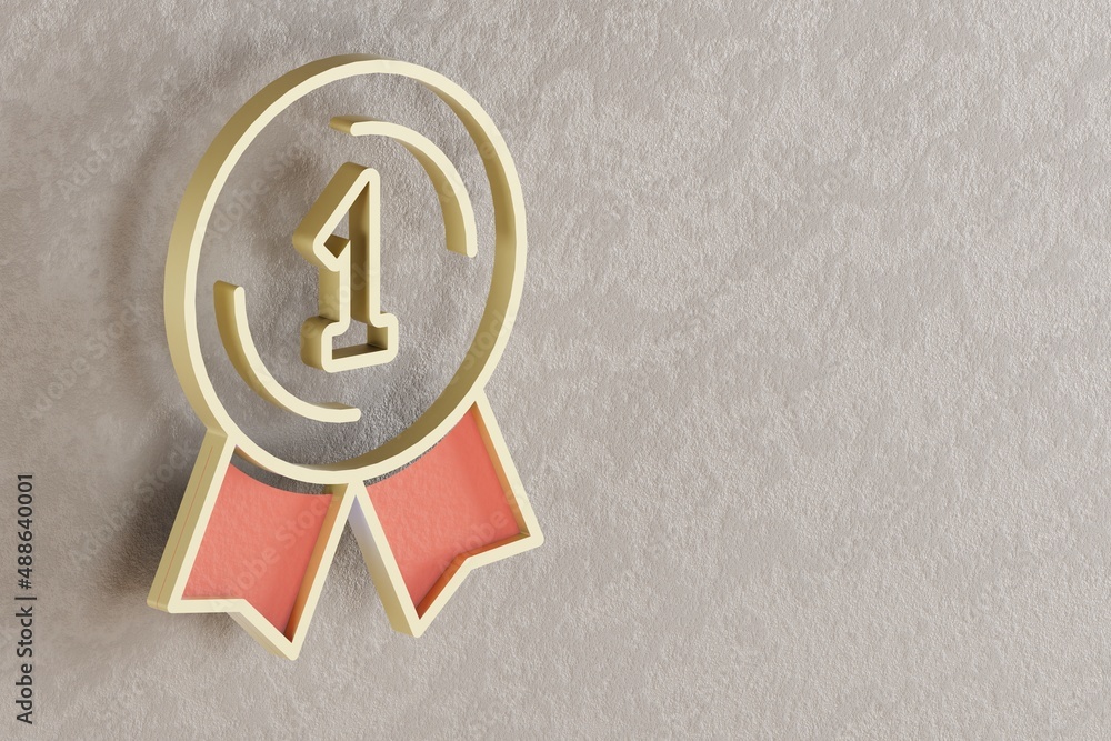 Poster Beautiful golden first 1 Badge symbol on wall bright background. 3d rendering illustration. Background pattern for design.
