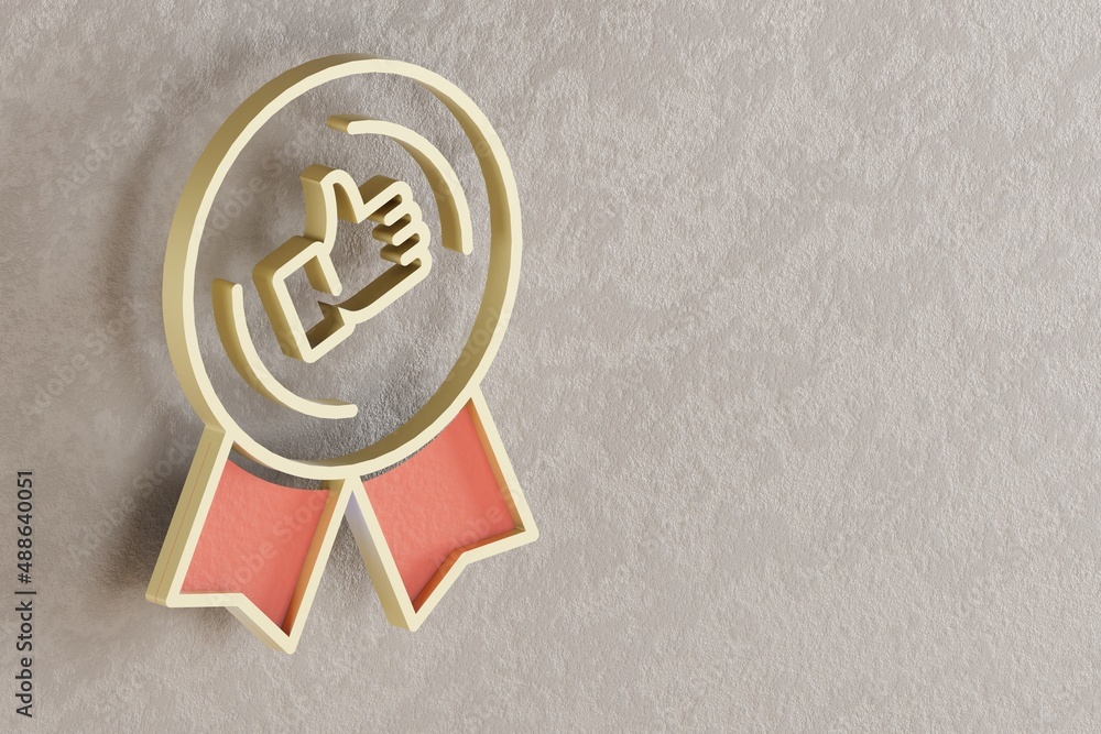 Aufkleber beautiful golden thumbs up badge symbol on wall bright background. 3d rendering illustration. backgr