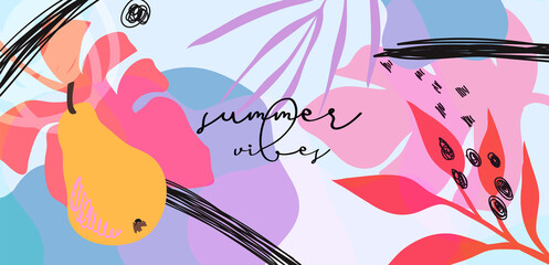 Trendy editable template for social banners, posters, flyers background. Summer theme with abstract shapes and tropic or exotic leaves or plants. Summertime tropical jungle vector illustration.