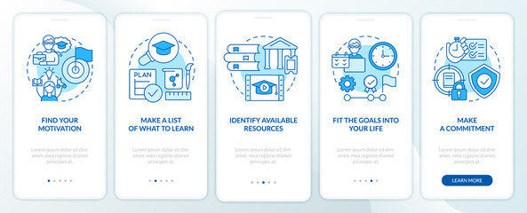 Adopting lifelong learning blue onboarding mobile app screen. Walkthrough 5 steps graphic instructions pages with linear concepts. UI, UX, GUI template. Myriad Pro-Bold, Regular fonts used