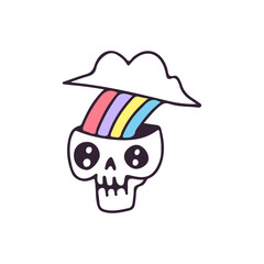 Alien head with rainbow and cloud, illustration for t-shirt, sticker, or apparel merchandise. With retro cartoon style.
