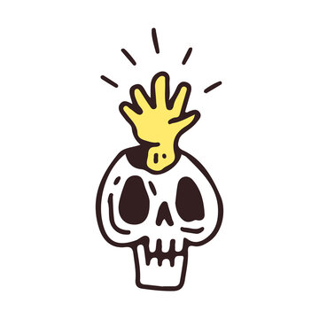 Skeleton head and rising hand, illustration for t-shirt, sticker, or apparel merchandise. With retro cartoon style.