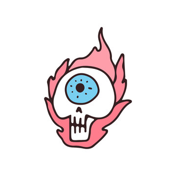 Skeleton with one eye on fire, illustration for t-shirt, sticker, or apparel merchandise. With retro cartoon style.