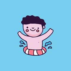 Cute little boy swimming pool party cartoon. Illustration for Perfect Nursery children, kids, greeting.