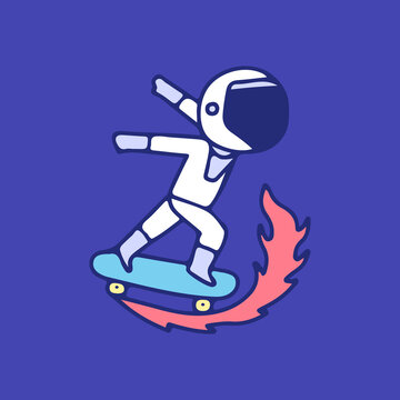 Astronaut riding skateboard on fire, illustration for t-shirt, sticker, or apparel merchandise. With retro cartoon style.