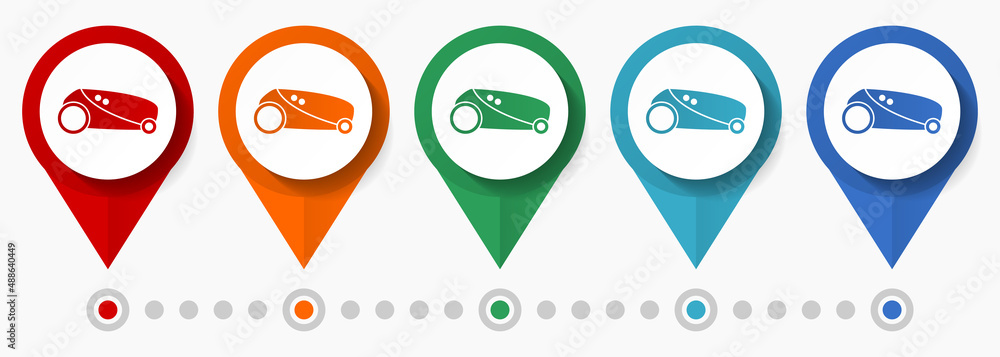 Aufkleber robot mower concept vector icon set, flat design lawnmower pointers, infographic template easy to ed