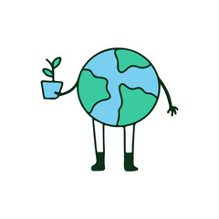 Earth planet character holding plant, illustration for t-shirt, sticker, or apparel merchandise. With retro cartoon style.