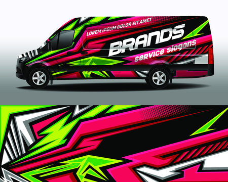 Delivery van vector design. Car sticker. Car design development for the company. Black background with abstract green and pink stripes for car vinyl sticker

