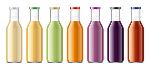 Set of Glass Bottles with non-transparent Juices.  