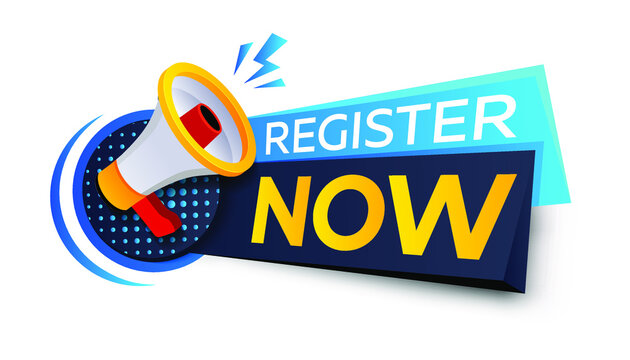 Register now badge vector isolated on white. An ad button with a speaker. Register now to receive a vector banner. Free registration in megafon.Loudspeaker vector banner. Register now ribbon tag.

