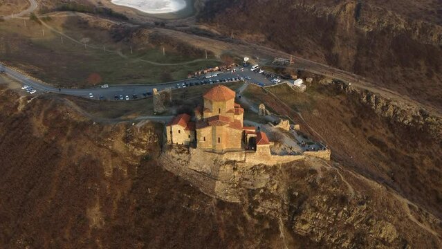 aerial view Jvari monastery in sunset 
It was built in 6 century 