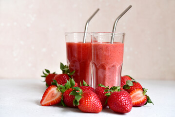 Fresh strawberry smoothie in a glass.