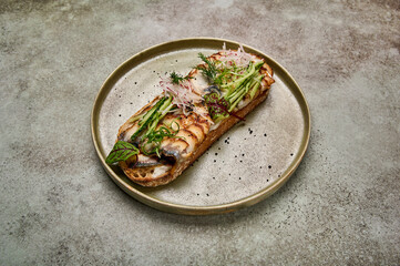Close up bruschetta with smoked eel, young cheese and cucumber in ceramic plate on textured background