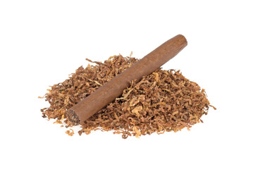 Heap of tobacco and cigar isolated on a white background