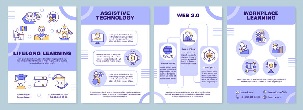 Lifelong learning technologies brochure template. Ongoing education. Leaflet design with linear icons. 4 vector layouts for presentation, annual reports. Arial-Black, Myriad Pro-Regular fonts used