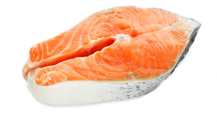 Raw filet of salmon fish steak isolated on a white background.