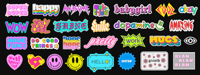 Set of Cool Trendy Stickers with Phrases. Cute Patches Collection Vector Design. - obrazy, fototapety, plakaty