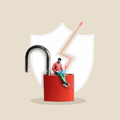 Hacking computer protection on the network, art collage.